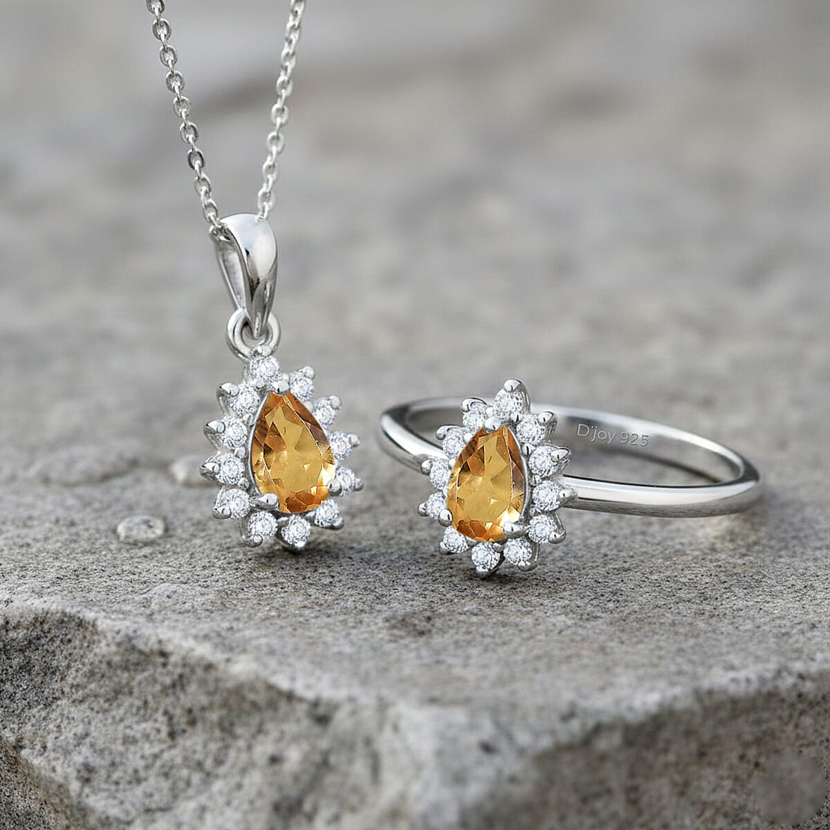 D'Joy Brazilian Citrine, White Zircon 1.30 ctw Ring (Size 5.0) and Pendant Necklace 20 Inches in Rhodium Over Sterling Silver image number 1