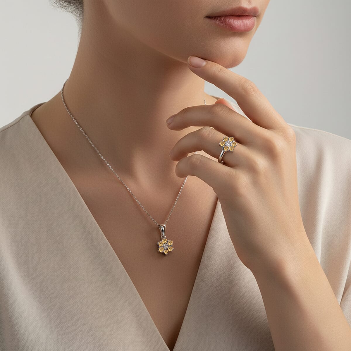 D'Joy Brazilian Citrine and White Zircon 0.80 ctw Ring (Size 7.0) and Pendant Necklace 20 Inches in Rhodium Over Sterling Silver image number 2