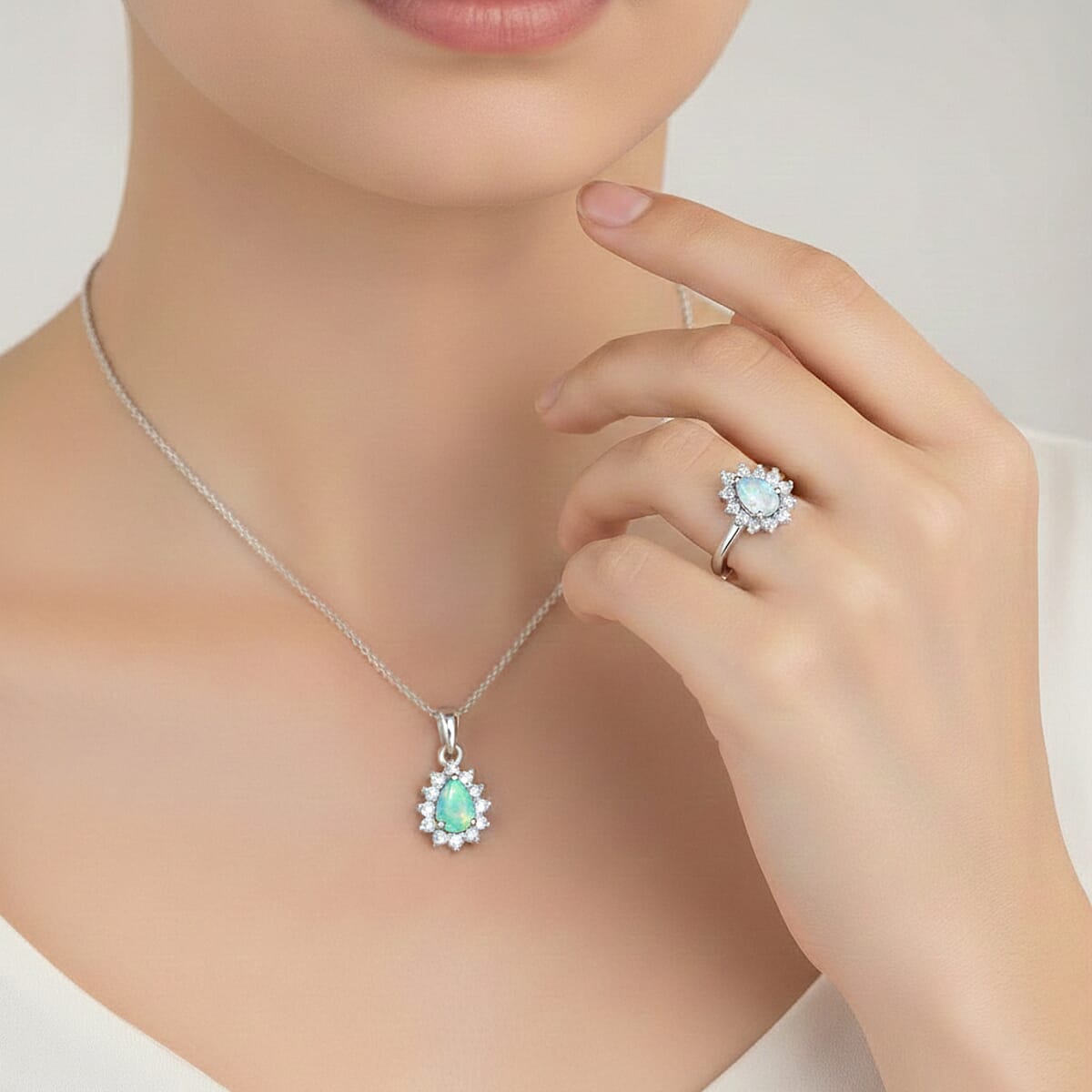 D'Joy Ethiopian Welo Opal, White Zircon 1.10 ctw Ring (Size 5.0) and Pendant Necklace 20 Inches in Rhodium Over Sterling Silver image number 2