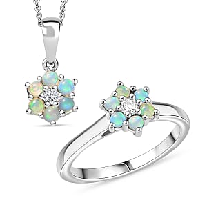 D'Joy Ethiopian Welo Opal and White Zircon 0.80 ctw Ring (Size 6.0) and Pendant Necklace 20 Inches in Rhodium Over Sterling Silver