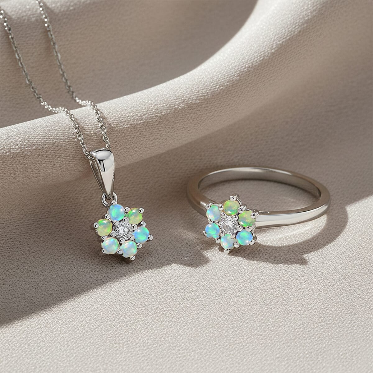 D'Joy Ethiopian Welo Opal and White Zircon 0.80 ctw Ring (Size 6.0) and Pendant Necklace 20 Inches in Rhodium Over Sterling Silver image number 1