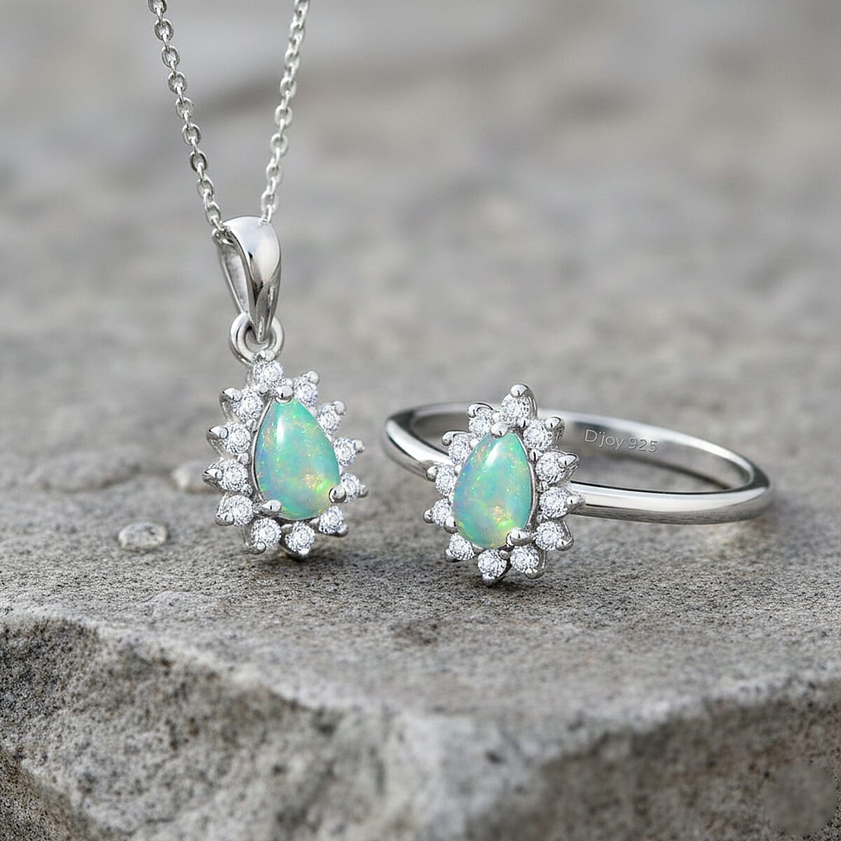 D'Joy Ethiopian Welo Opal, White Zircon 1.10 ctw Ring (Size 7.0) and Pendant Necklace 20 Inches in Rhodium Over Sterling Silver image number 1