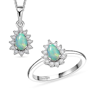 D'Joy Ethiopian Welo Opal, White Zircon 1.10 ctw Ring (Size 8.0) and Pendant Necklace 20 Inches in Rhodium Over Sterling Silver