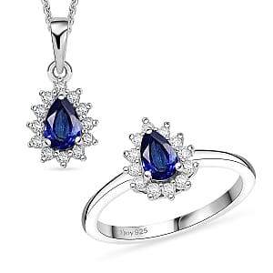 D'Joy Masoala Sapphire (D), White Zircon 1.70 ctw Ring (Size 6.0) and Pendant Necklace 20 Inches in Rhodium Over Sterling Silver