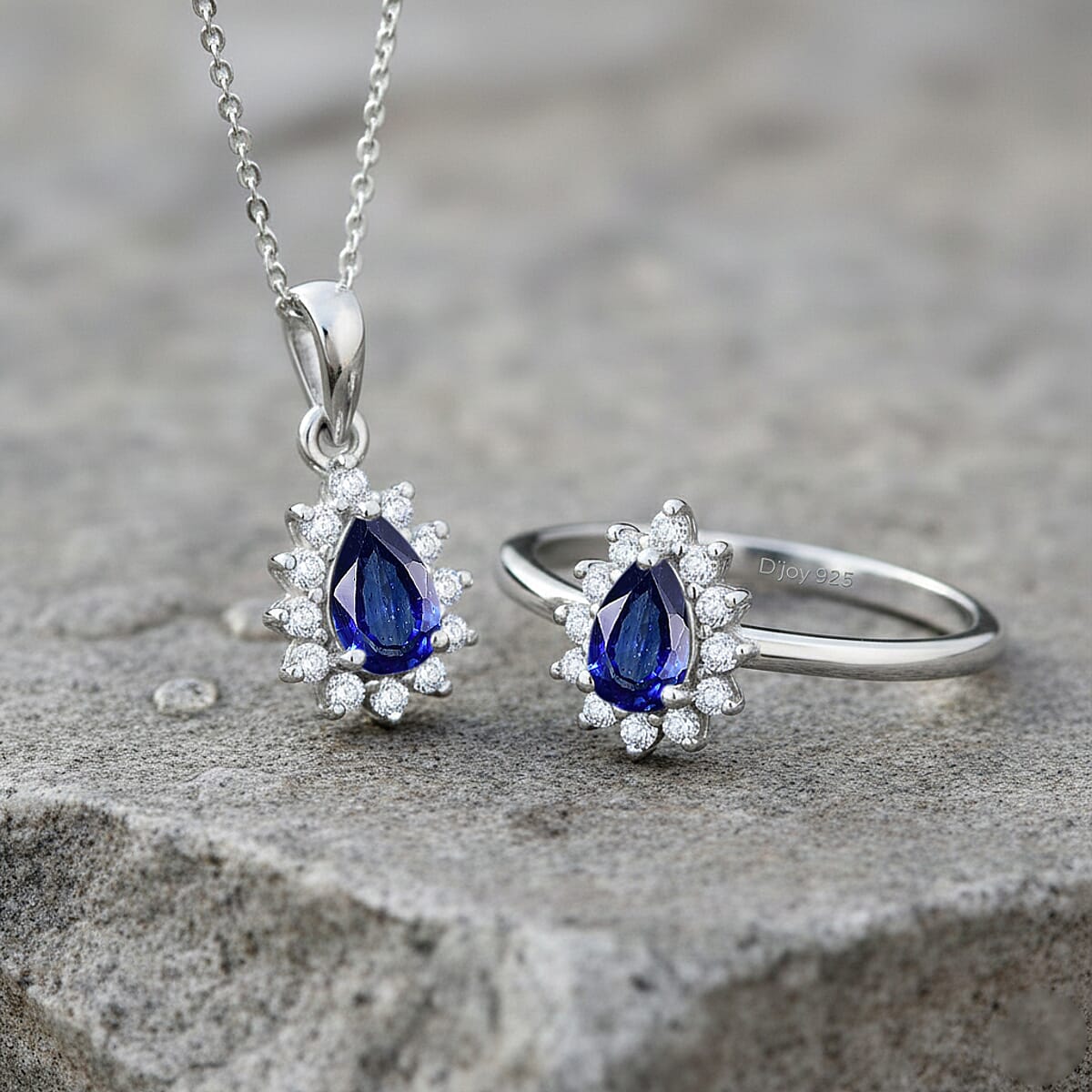 D'Joy Masoala Sapphire (D), White Zircon 1.70 ctw Ring (Size 6.0) and Pendant Necklace 20 Inches in Rhodium Over Sterling Silver image number 1