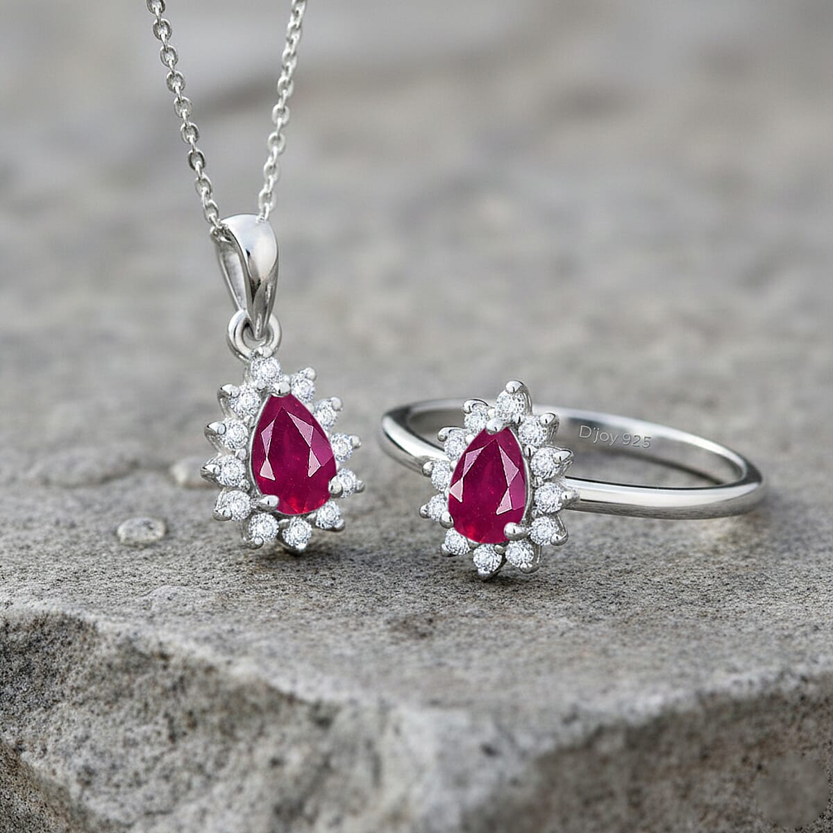 D'Joy Niassa Ruby (FF), White Zircon 1.70 ctw Ring (Size 5.0) and Pendant Necklace 20 Inches in Rhodium Over Sterling Silver image number 1