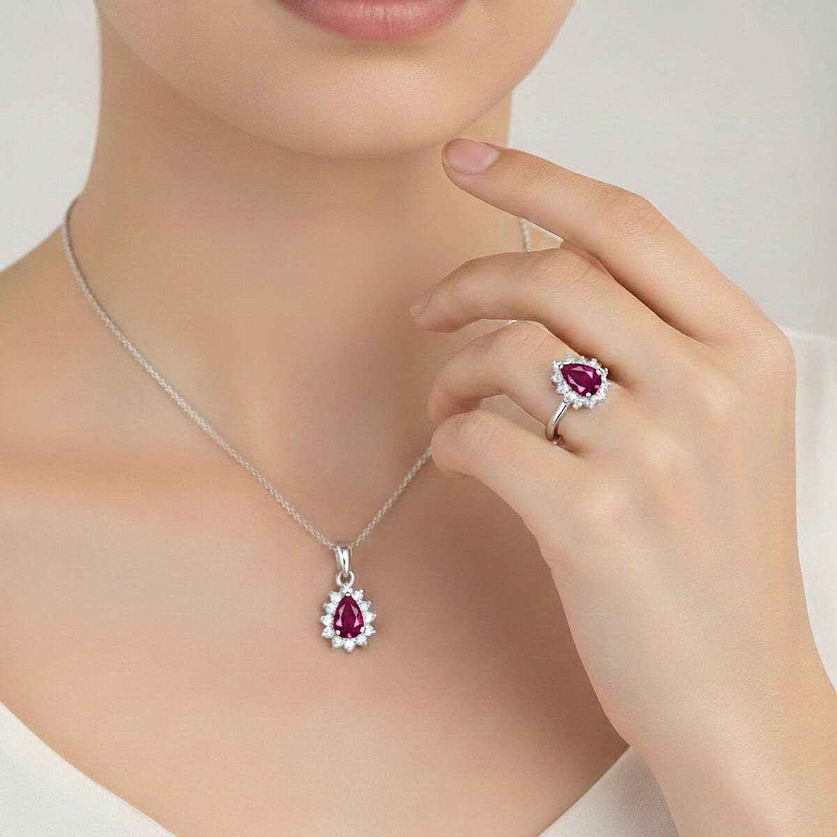 D'Joy Niassa Ruby (FF), White Zircon 1.70 ctw Ring (Size 5.0) and Pendant Necklace 20 Inches in Rhodium Over Sterling Silver image number 2