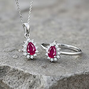 D'Joy Niassa Ruby (FF), White Zircon 1.70 ctw Ring (Size 8.0) and Pendant Necklace 20 Inches in Rhodium Over Sterling Silver