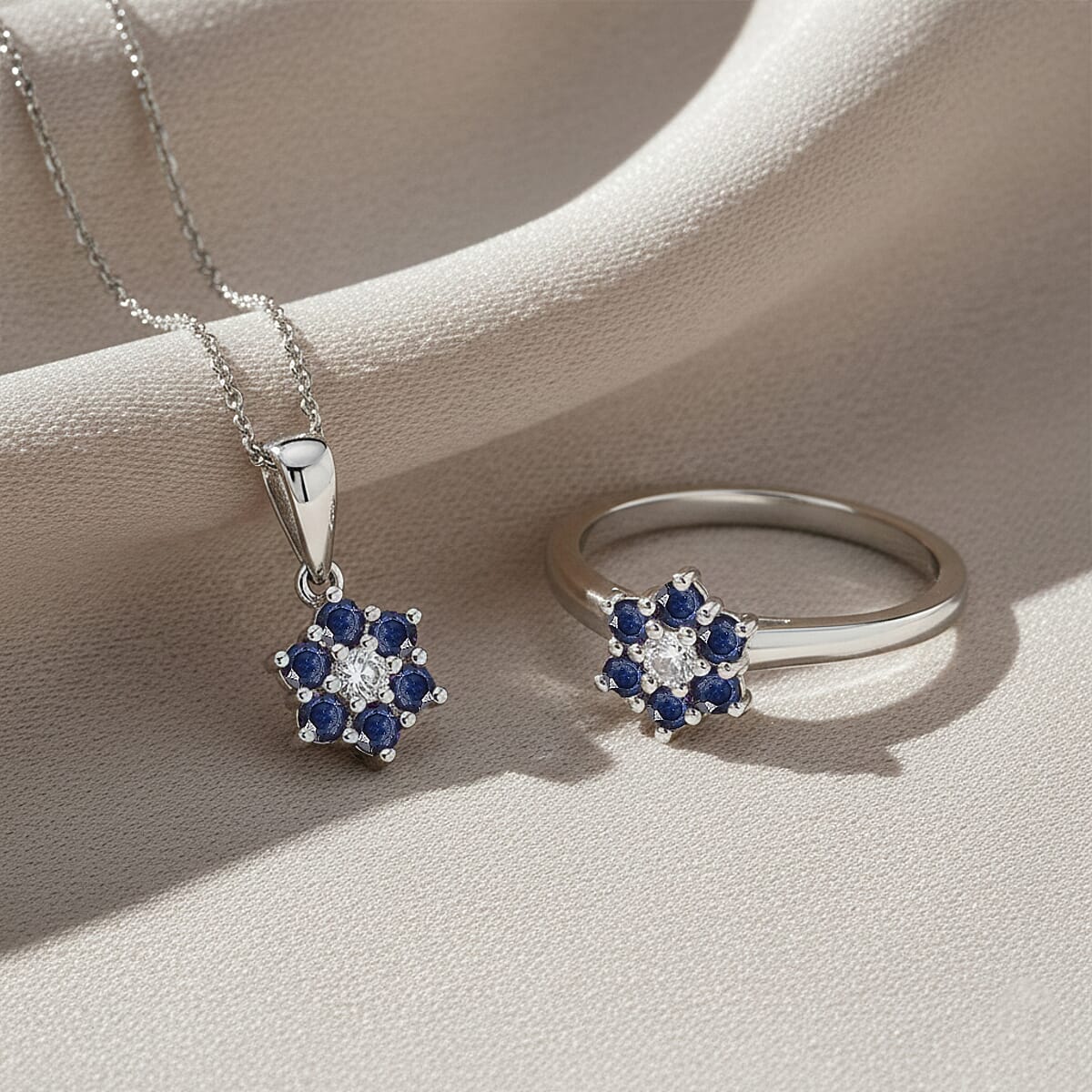 D'Joy Masoala&nbsp;Sapphire&nbsp;(D)&nbsp;and White Zircon 1.00 ctw Ring (Size 7.0) and Pendant Necklace 20 Inches in Rhodium Over Sterling Silver image number 1