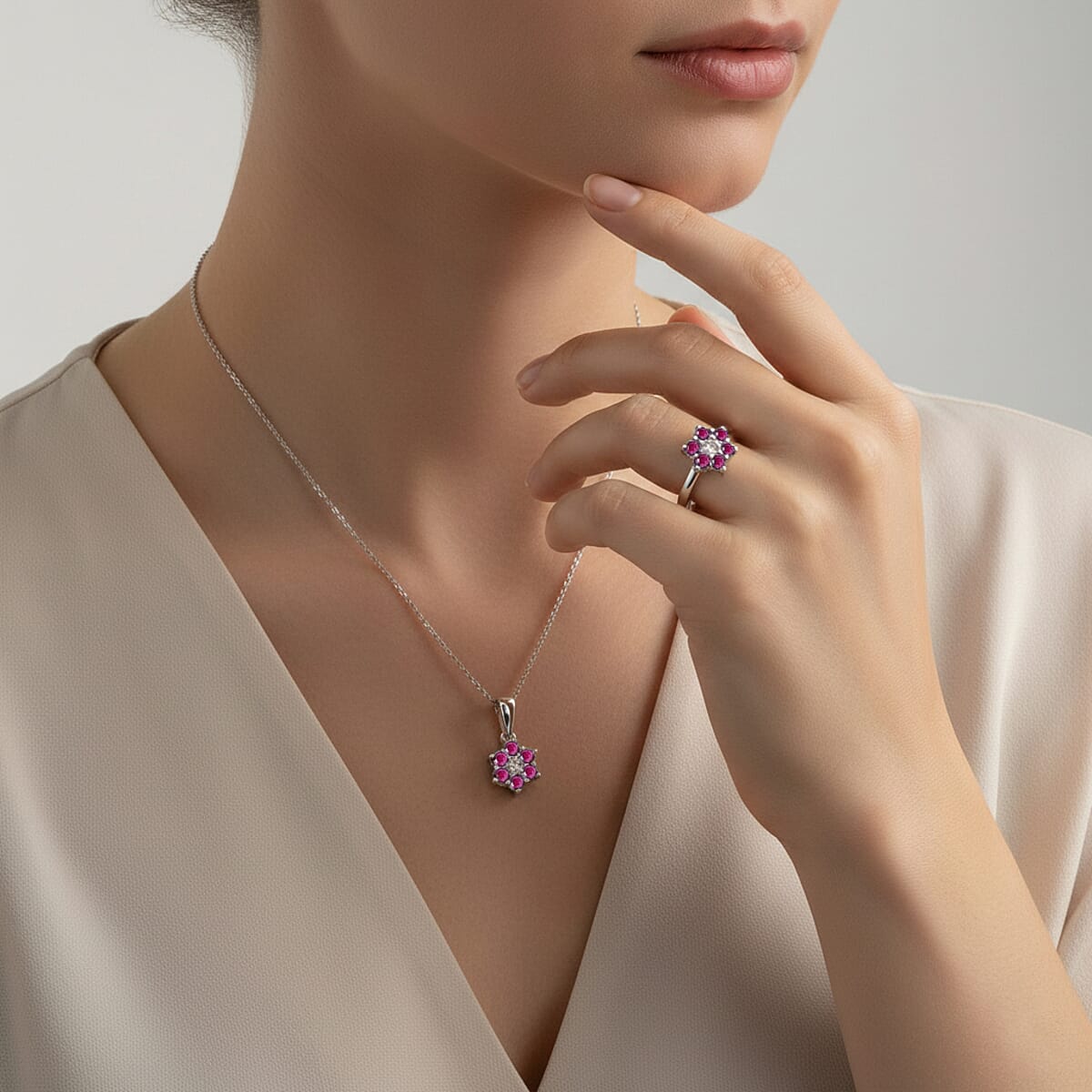 D'Joy Niassa Ruby (FF) and White Zircon 1.00 ctw Ring (Size 6.0) and Pendant Necklace 20 Inches in Rhodium Over Sterling Silver image number 2