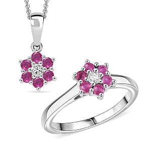 D'Joy Niassa Ruby (FF) and White Zircon 1.00 ctw Ring (Size 9.0) and Pendant Necklace 20 Inches in Rhodium Over Sterling Silver