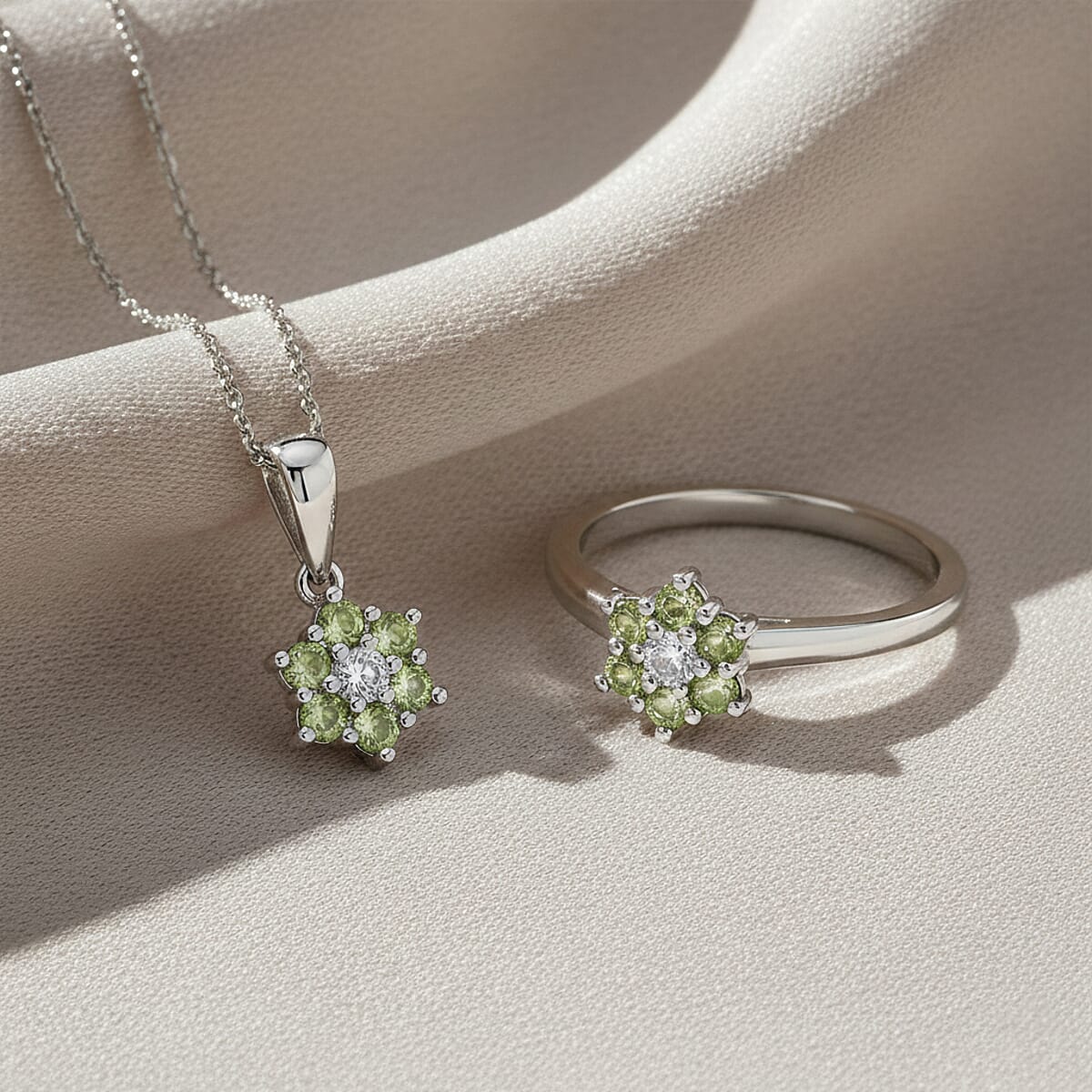 D'Joy Hebei Peridot and White Zircon 0.85 ctw Ring (Size 8.0) and Pendant Necklace 20 Inches in Rhodium Over Sterling Silver image number 1