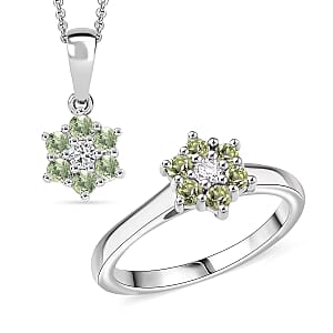 D'Joy Hebei Peridot and White Zircon 0.85 ctw Ring (Size 9.0) and Pendant Necklace 20 Inches in Rhodium Over Sterling Silver