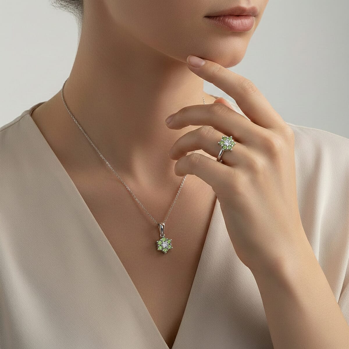 D'Joy Hebei Peridot and White Zircon 0.85 ctw Ring (Size 9.0) and Pendant Necklace 20 Inches in Rhodium Over Sterling Silver image number 2