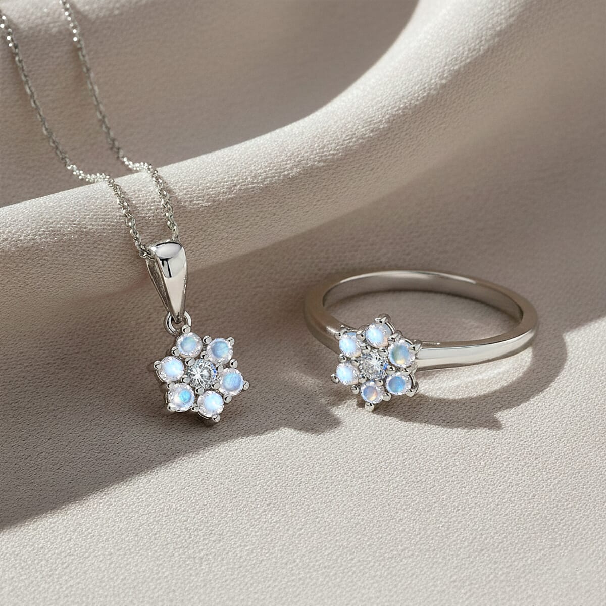 D'Joy Rainbow Moonstone and White Zircon 0.80 ctw Ring (Size 6.0) and Pendant Necklace 20 Inches in Rhodium Over Sterling Silver image number 1