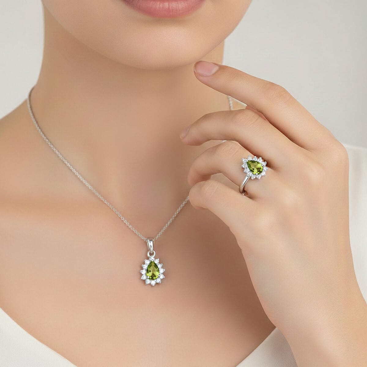 D'Joy Hebei Peridot, White Zircon 1.35 ctw Ring (Size 5.0) and Pendant Necklace 20 Inches in Rhodium Over Sterling Silver image number 2