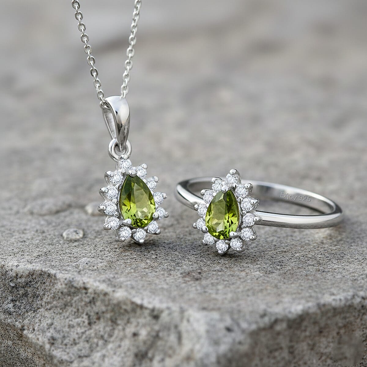 D'Joy Hebei Peridot, White Zircon 1.35 ctw Ring (Size 8.0) and Pendant Necklace 20 Inches in Rhodium Over Sterling Silver image number 1