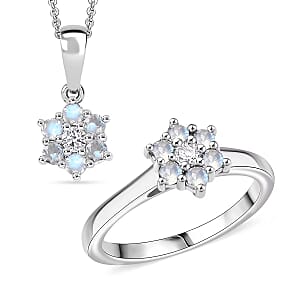 D'Joy Rainbow Moonstone and White Zircon 0.80 ctw Ring (Size 9.0) and Pendant Necklace 20 Inches in Rhodium Over Sterling Silver