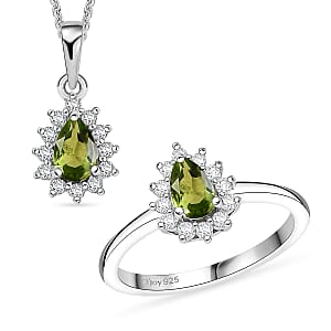 D'Joy Hebei Peridot, White Zircon 1.35 ctw Ring (Size 9.0) and Pendant Necklace 20 Inches in Rhodium Over Sterling Silver