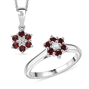 D'Joy Mozambique Garnet and White Zircon 0.80 ctw Ring (Size 7.0) and Pendant Necklace 20 Inches in Rhodium Over Sterling Silver