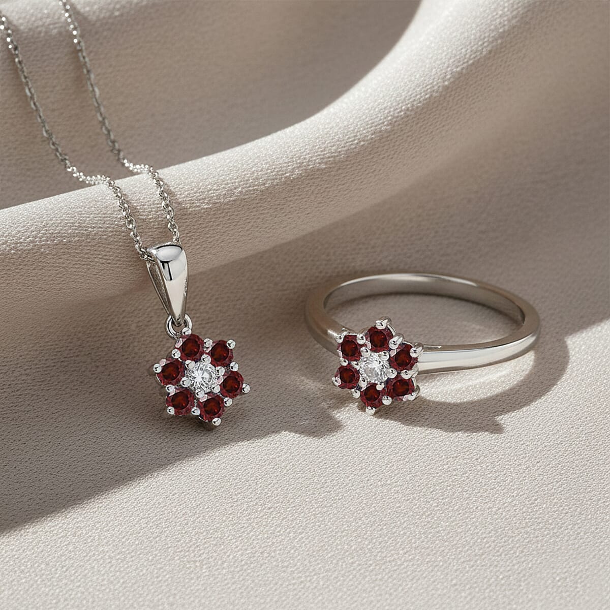 D'Joy Mozambique Garnet and White Zircon 0.80 ctw Ring (Size 7.0) and Pendant Necklace 20 Inches in Rhodium Over Sterling Silver image number 1