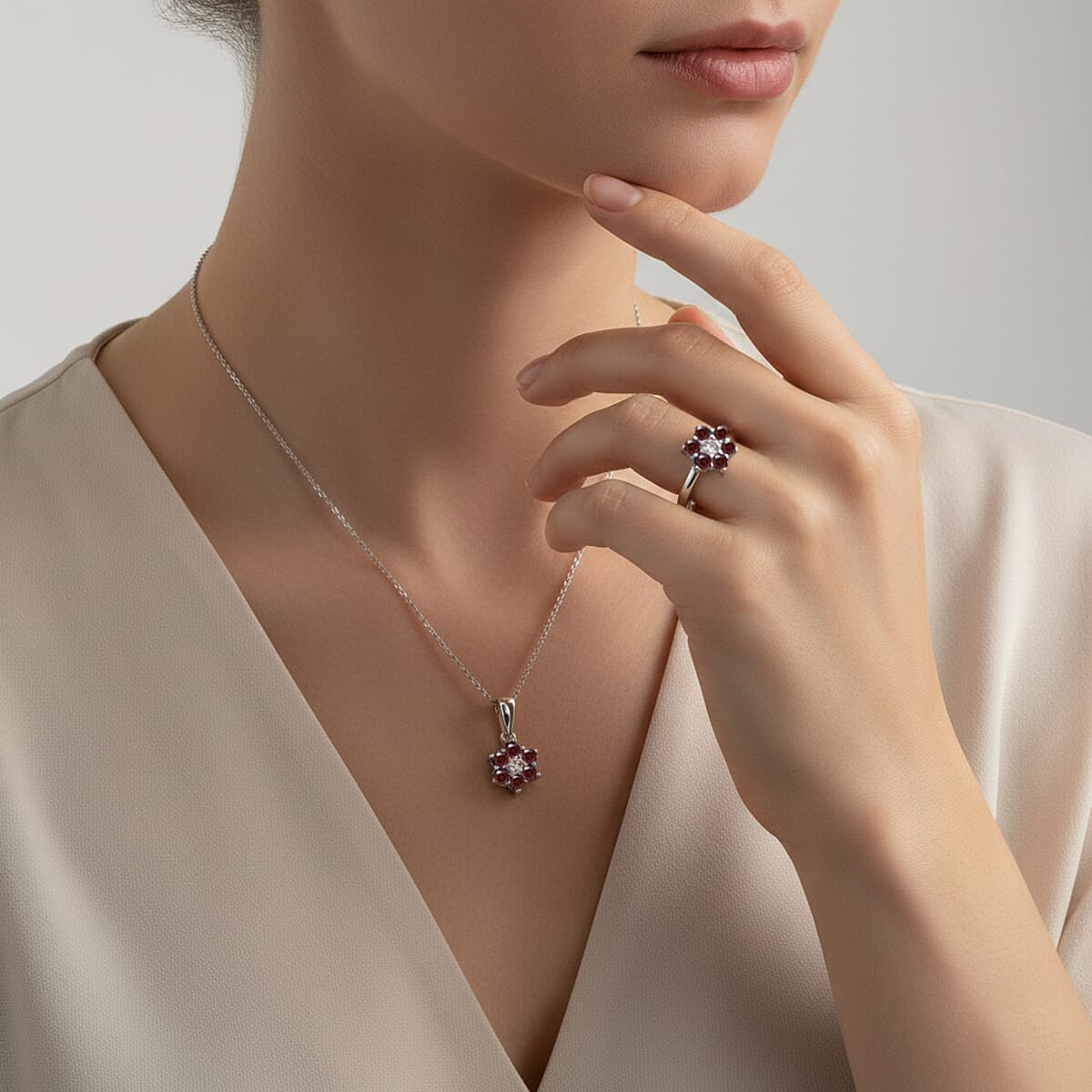 D'Joy Mozambique Garnet and White Zircon 0.80 ctw Ring (Size 8.0) and Pendant Necklace 20 Inches in Rhodium Over Sterling Silver image number 2