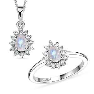 D'Joy Rainbow Moonstone, White Zircon 1.70 ctw Ring (Size 5.0) and Pendant Necklace 20 Inches in Rhodium Over Sterling Silver