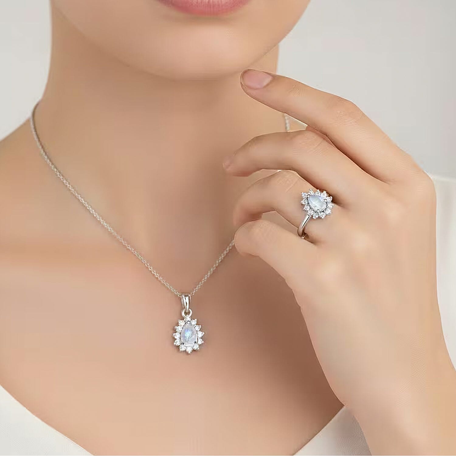 D'Joy Rainbow Moonstone, White Zircon 1.70 ctw Ring (Size 5.0) and Pendant Necklace 20 Inches in Rhodium Over Sterling Silver