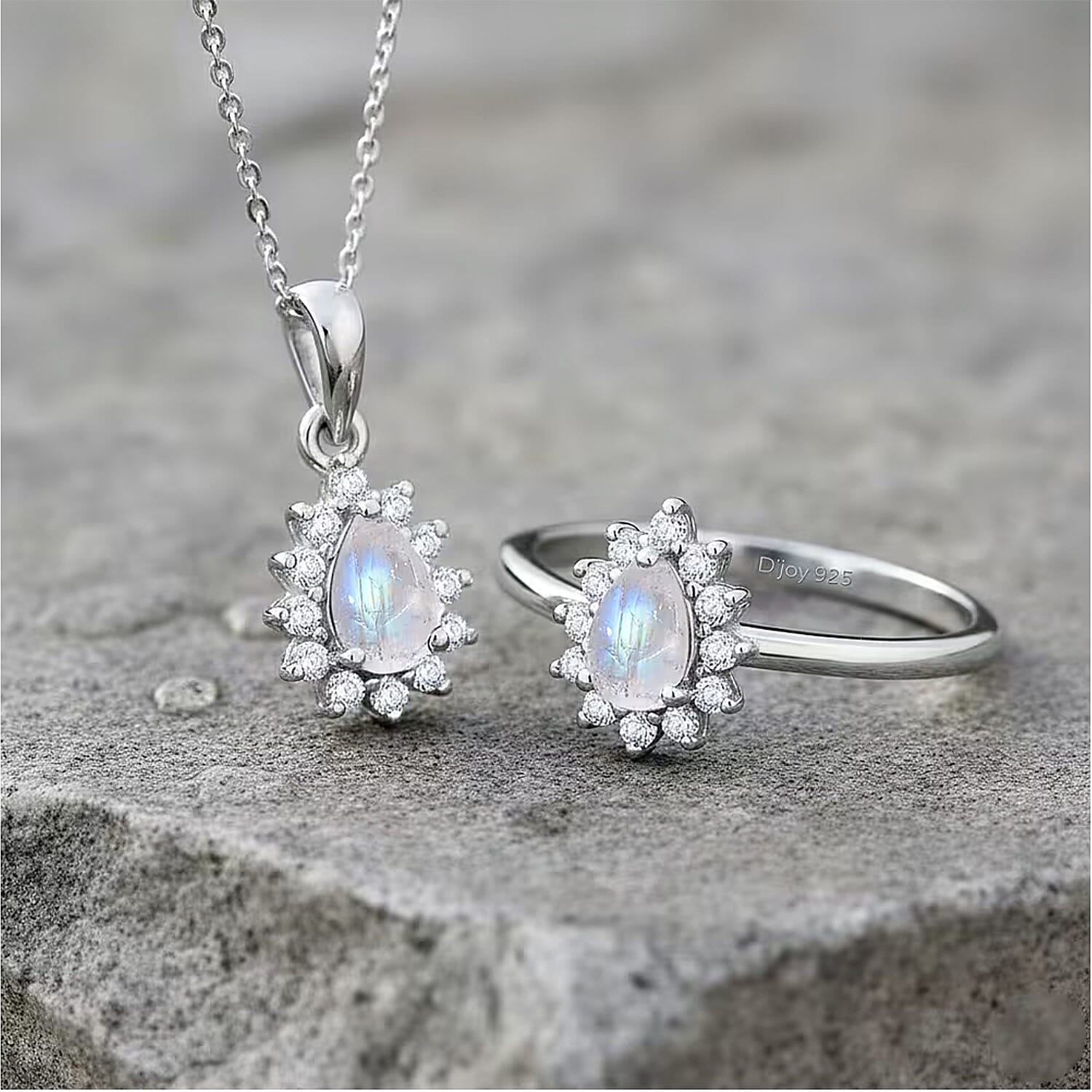 D'Joy Rainbow Moonstone, White Zircon 1.70 ctw Ring (Size 5.0) and Pendant Necklace 20 Inches in Rhodium Over Sterling Silver