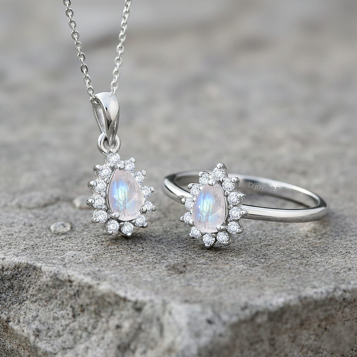 D'Joy Rainbow Moonstone, White Zircon 1.70 ctw Ring (Size 7.0) and Pendant Necklace 20 Inches in Rhodium Over Sterling Silver image number 1