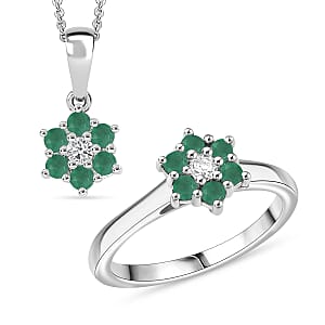 D'Joy Socoto Emerald and White Zircon 0.80 ctw Ring (Size 6.0) and Pendant Necklace 20 Inches in Rhodium Over Sterling Silver