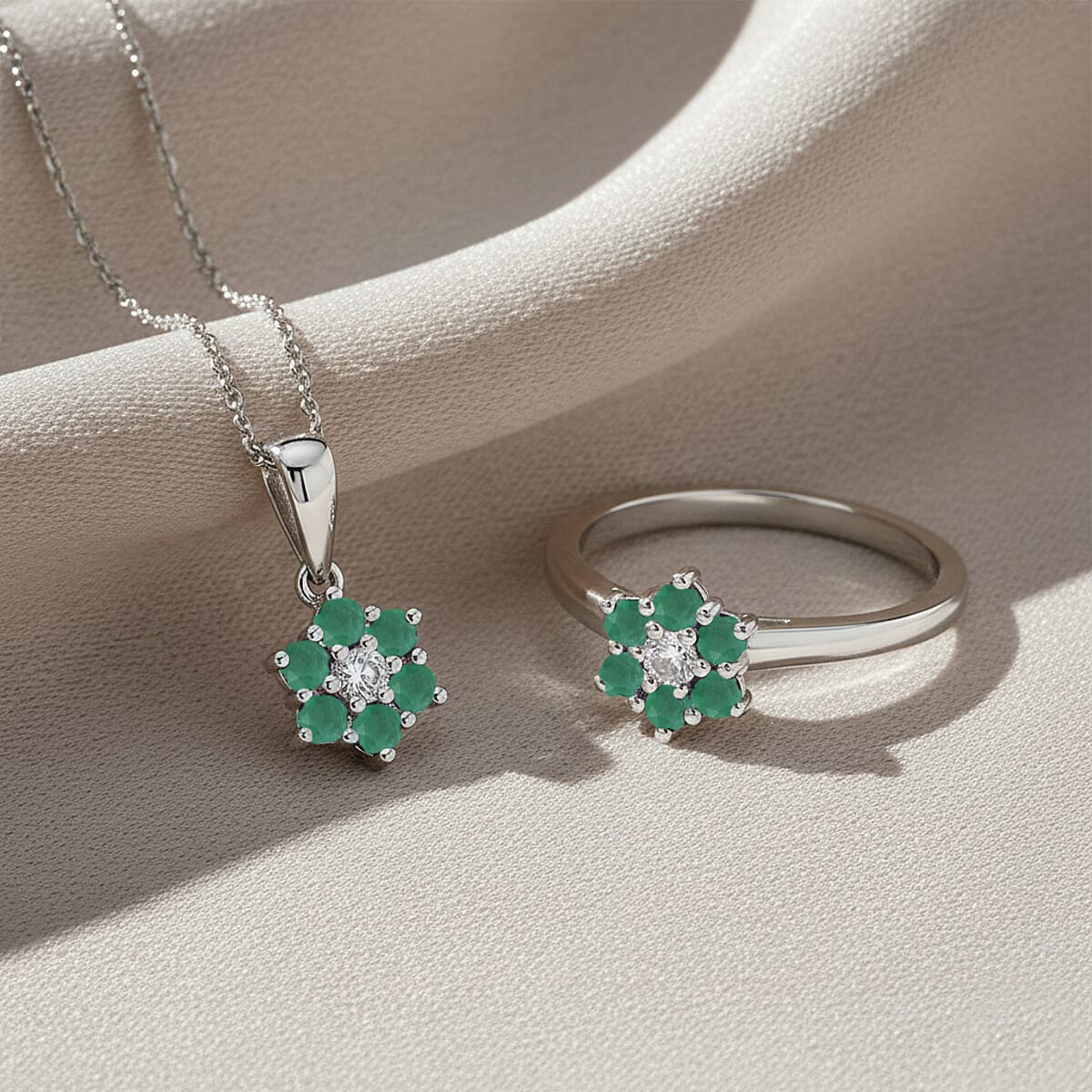 D'Joy Socoto Emerald and White Zircon 0.80 ctw Ring (Size 8.0) and Pendant Necklace 20 Inches in Rhodium Over Sterling Silver image number 1