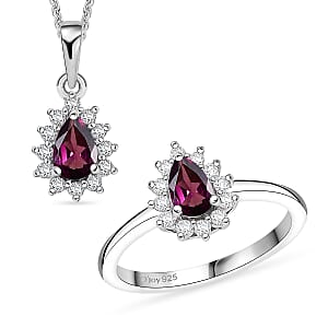 D'Joy Orissa Rhodolite Garnet, White Zircon 1.50 ctw Ring (Size 6.0) and Pendant Necklace 20 Inches in Rhodium Over Sterling Silver