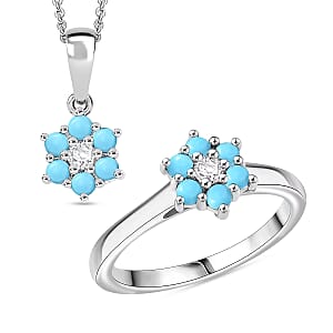 D'Joy Sleeping Beauty Turquoise and White Zircon 0.80 ctw Ring (Size 6.0) and Pendant Necklace 20 Inches in Rhodium Over Sterling Silver