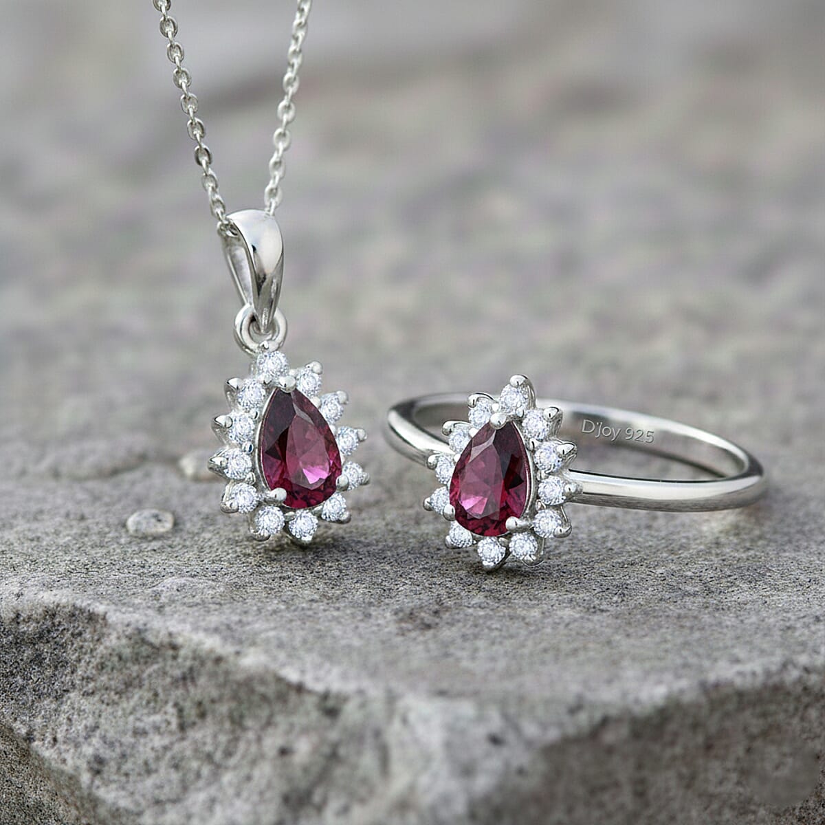 D'Joy Orissa Rhodolite Garnet, White Zircon 1.50 ctw Ring (Size 8.0) and Pendant Necklace 20 Inches in Rhodium Over Sterling Silver image number 1