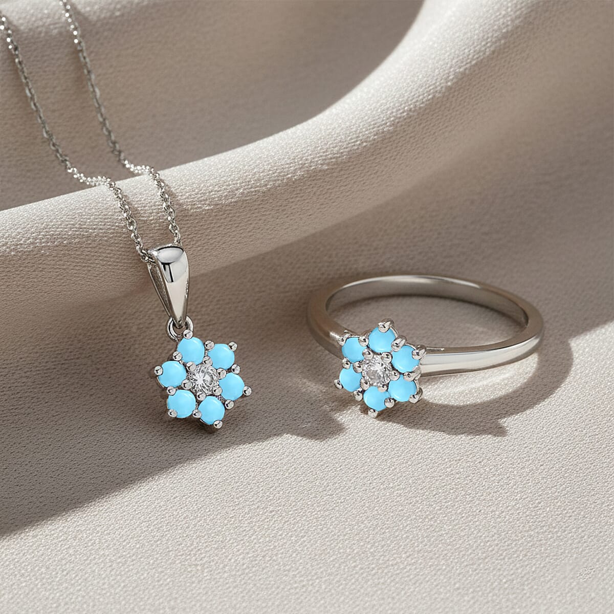 D'Joy Sleeping Beauty Turquoise and White Zircon 0.80 ctw Ring (Size 7.0) and Pendant Necklace 20 Inches in Rhodium Over Sterling Silver image number 1