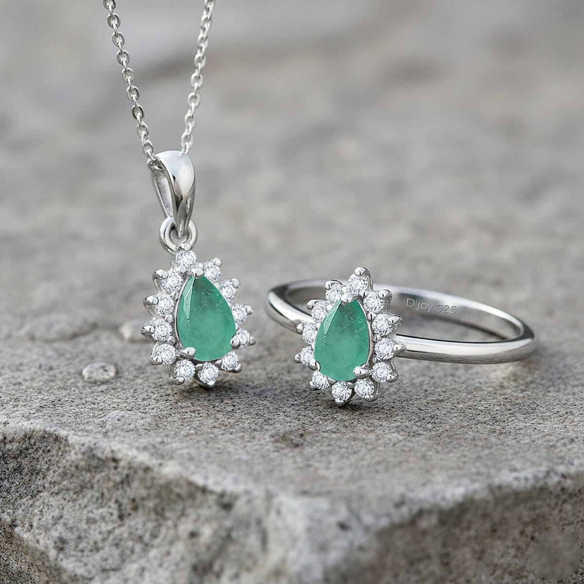 D'Joy Socoto Emerald, White Zircon 1.20 ctw Ring (Size 5.0) and Pendant Necklace 20 Inches in Rhodium Over Sterling Silver image number 1