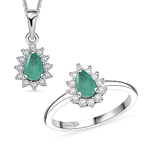 D'Joy Socoto Emerald, White Zircon 1.20 ctw Ring (Size 6.0) and Pendant Necklace 20 Inches in Rhodium Over Sterling Silver