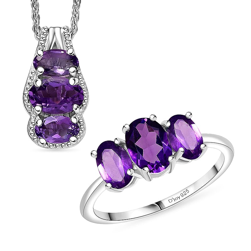 D'Joy 2 Piece Set African Amethyst 2.35 ctw Ring (Size 6.0) and Pendant Necklace 20 Inches in Rhodium Over Sterling Silver