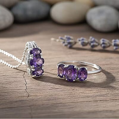 D'Joy 2 Piece Set African Amethyst 2.35 ctw Ring (Size 6.0) and Pendant Necklace 20 Inches in Rhodium Over Sterling Silver