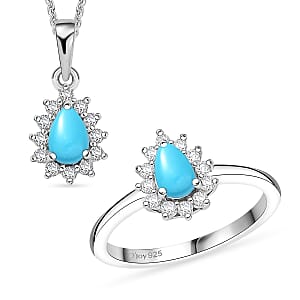 D'Joy Sleeping Beauty Turquoise, White Zircon 1.30 ctw Ring (Size 6.0) and Pendant Necklace 20 Inches in Rhodium Over Sterling Silver