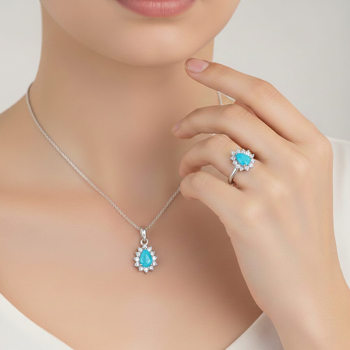 D'Joy Sleeping Beauty Turquoise, White Zircon 1.30 ctw Ring (Size 7.0) and Pendant Necklace 20 Inches in Rhodium Over Sterling Silver image number 2