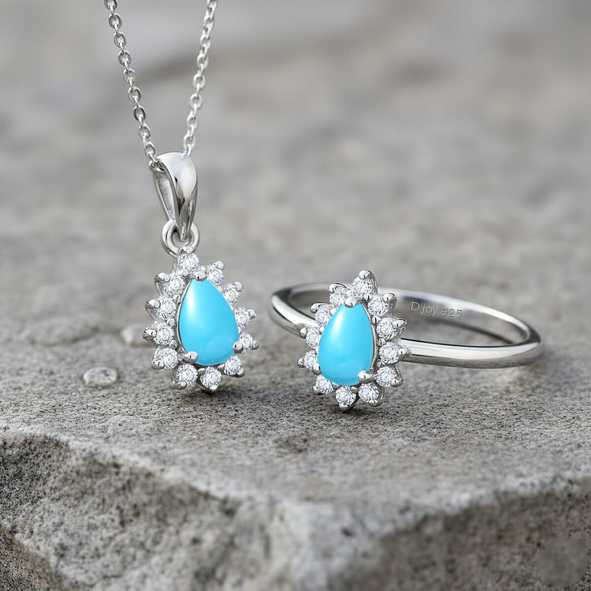 D'Joy Sleeping Beauty Turquoise, White Zircon 1.30 ctw Ring (Size 8.0) and Pendant Necklace 20 Inches in Rhodium Over Sterling Silver image number 1