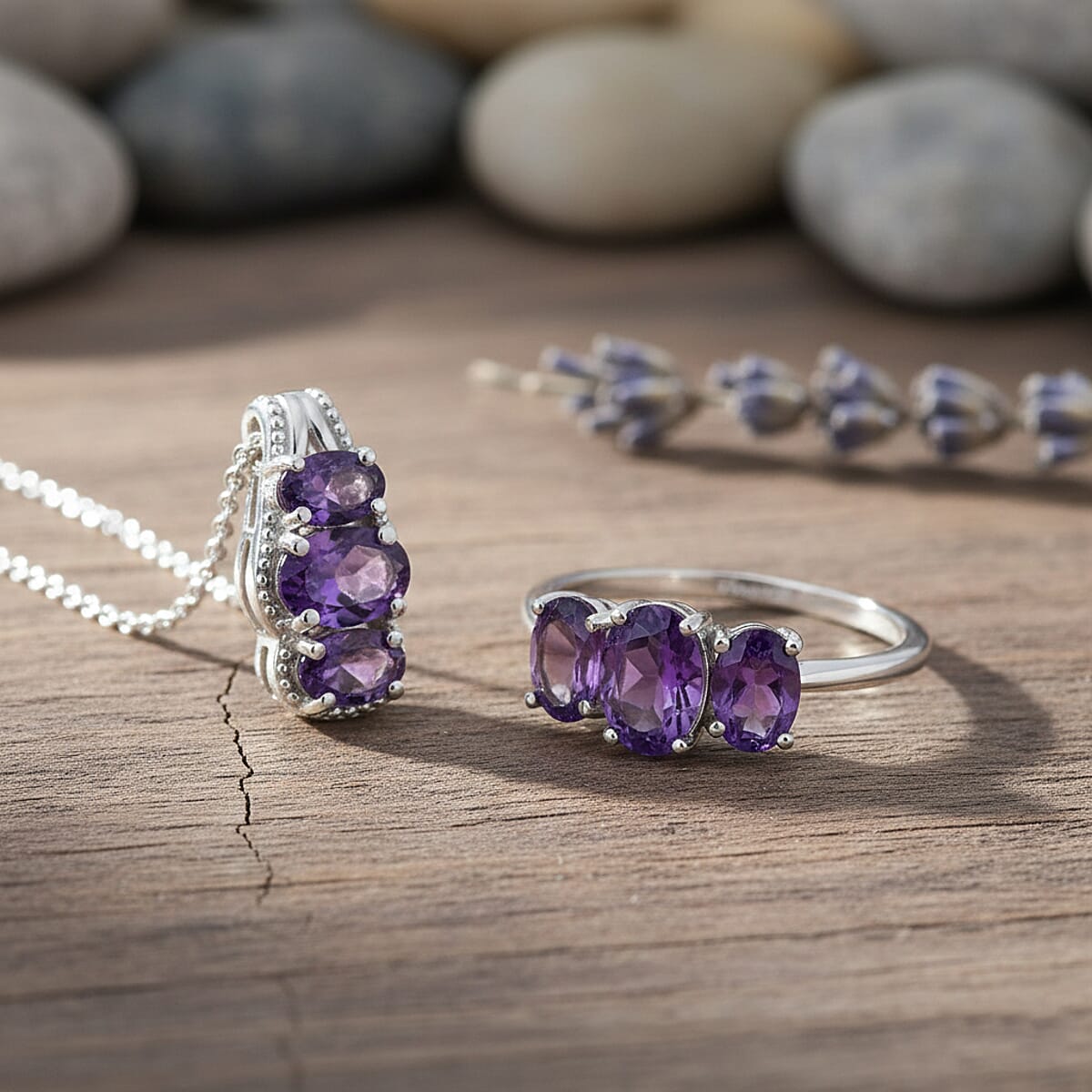 D'Joy African Amethyst Ring (Size 6.0) and Pendant Necklace (20 Inches) in Rhodium Over Sterling Silver 2.35 ctw image number 1