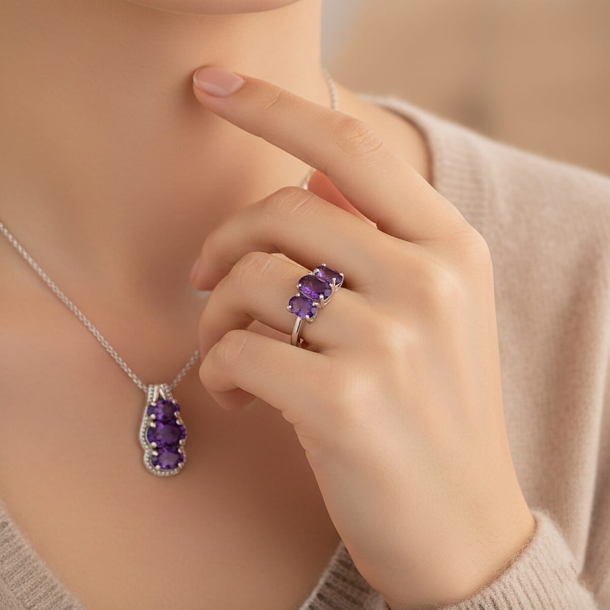 D'Joy African Amethyst Ring (Size 6.0) and Pendant Necklace (20 Inches) in Rhodium Over Sterling Silver 2.35 ctw image number 2