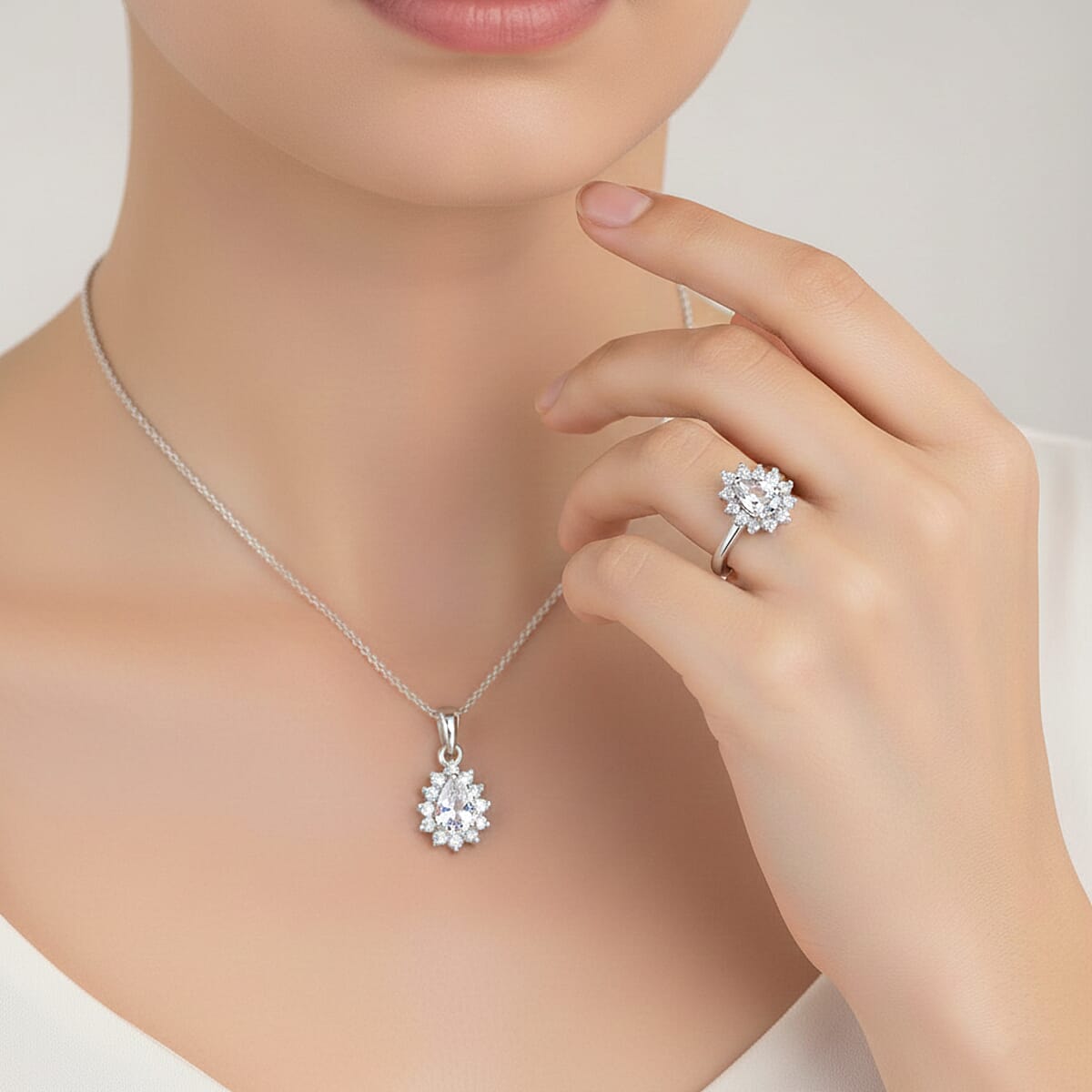 D'Joy White Topaz, White Zircon Ring 1.60 ctw (Size 6.0) and Pendant Necklace 20 Inches in Rhodium Over Sterling Silver image number 2