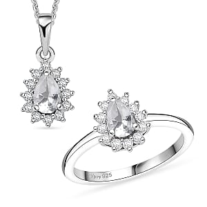 D'Joy White Topaz, White Zircon 1.60 ctw Ring (Size 7.0) and Pendant Necklace 20 Inches in Rhodium Over Sterling Silver