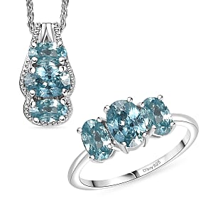 D'Joy Cambodian Blue Zircon 4.35 ctw Ring (Size 6.0) and Pendant Necklace 20 Inches in Rhodium Over Sterling Silver
