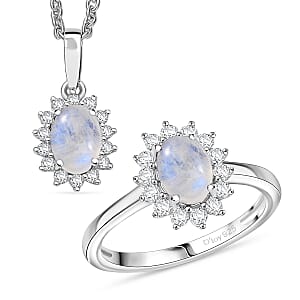 D'Joy Rainbow Moonstone and White Zircon 3.00 ctw Ring (Size 6.0) and Pendant Necklace 20 Inches in Rhodium Over Sterling Silver