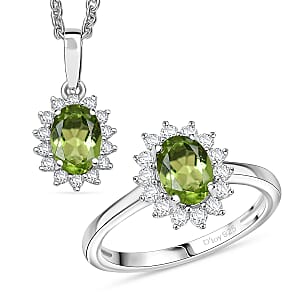 D'Joy Hebei Peridot and White Zircon 2.70 ctw Ring (Size 9.0) and Pendant Necklace 20 Inches in Rhodium Over Sterling Silver